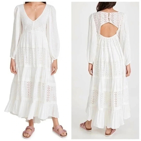 Free People Mockingbird Eyelet Puff Sleeve Open Back Maxi Dress XS B1533 - Picture 3 of 6